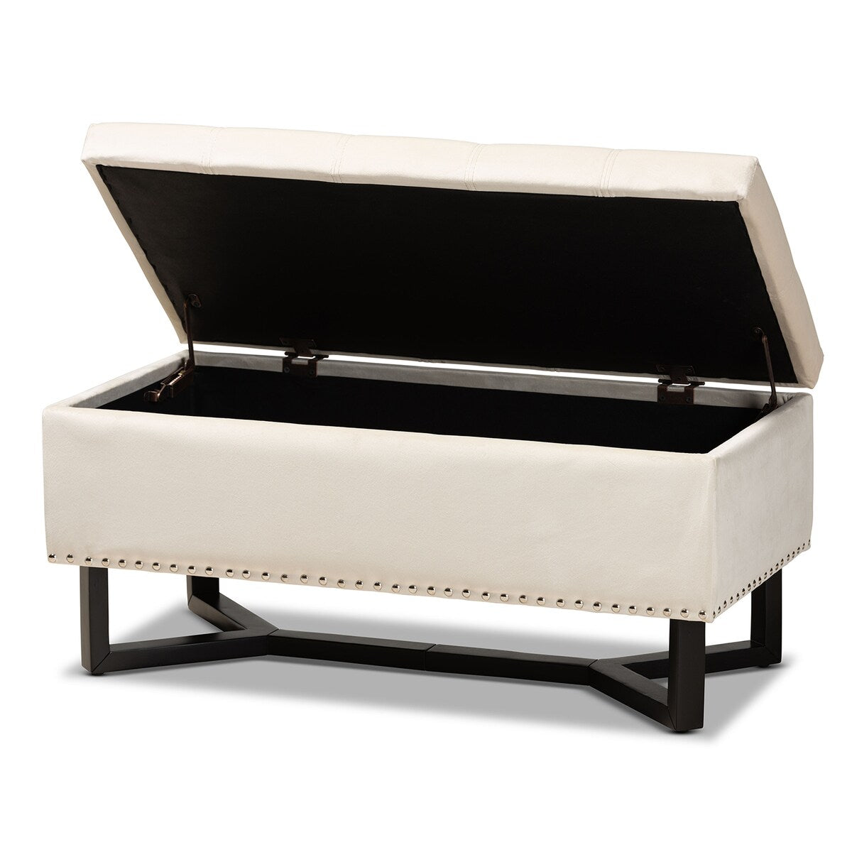 Esther Modern and Contemporary Beige Velvet Fabric Upholstered and Dark Brown Finished Wood Storage Ottoman