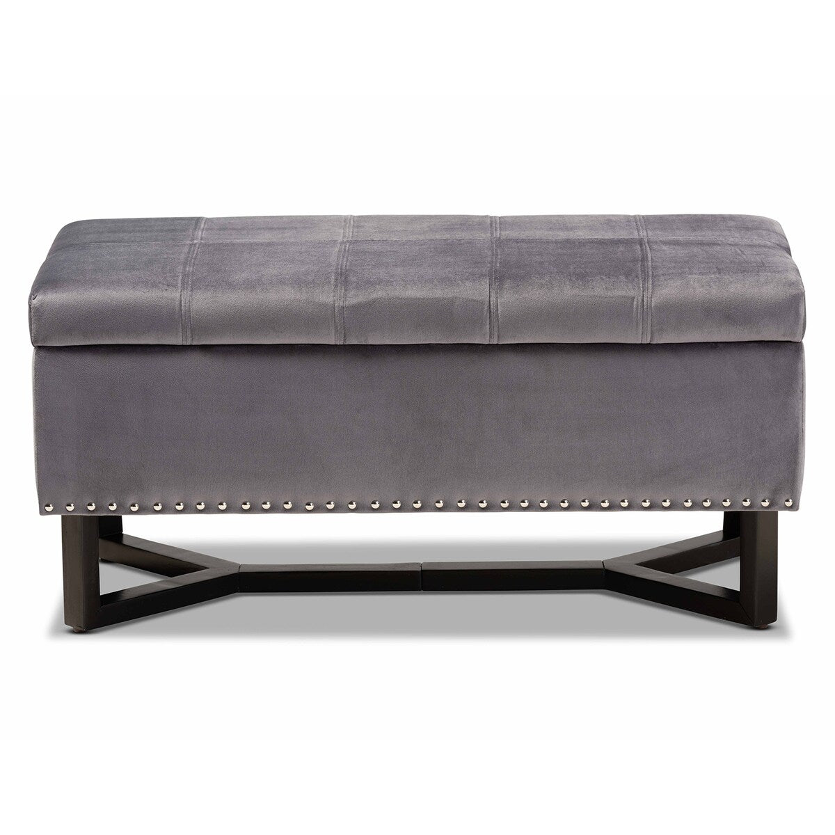 Esther Modern and Contemporary Grey Velvet Fabric Upholstered and Dark Brown Finished Wood Storage Ottoman