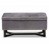 Esther Modern and Contemporary Grey Velvet Fabric Upholstered and Dark Brown Finished Wood Storage Ottoman