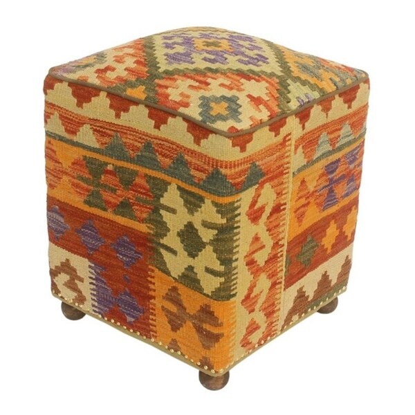 Ethelyn Rust/Purple Kilim Upholstered Handmade Ottoman(20"x15"x15")