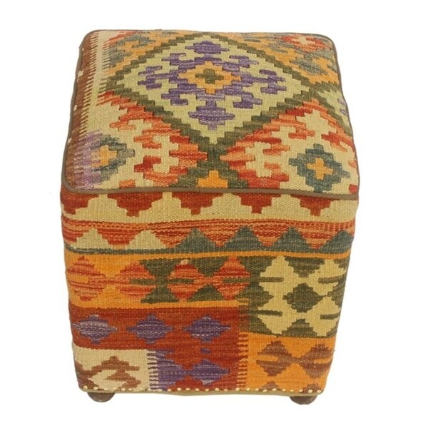 Ethelyn Rust/Purple Kilim Upholstered Handmade Ottoman(20"x15"x15")