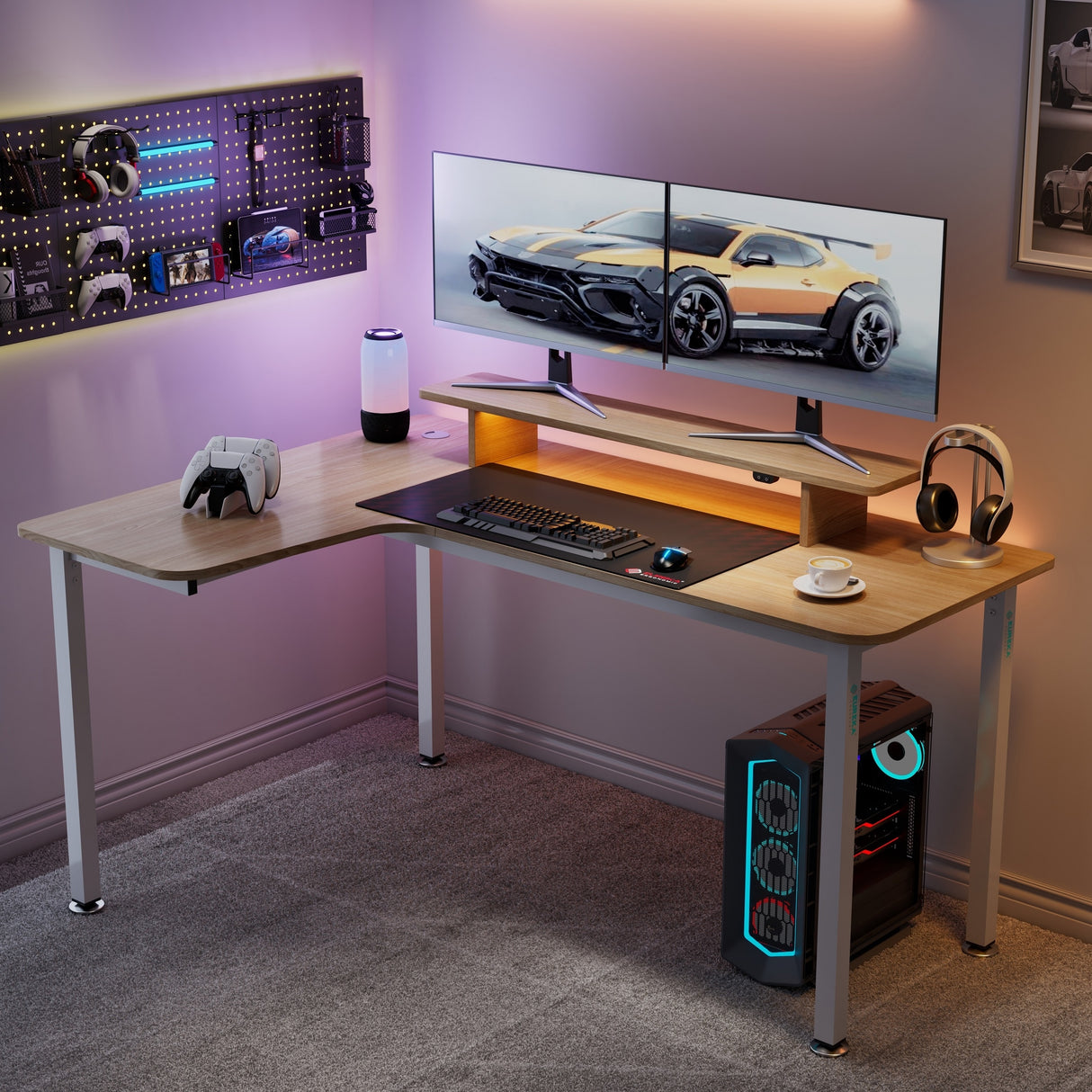 60 Inch Led L Shaped Desk Computer Corner Desk with Monitor Stand