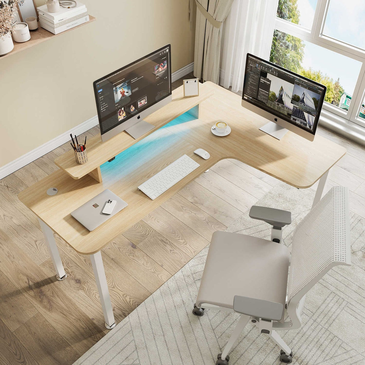 60 Inch Led L Shaped Desk Computer Corner Desk with Monitor Stand