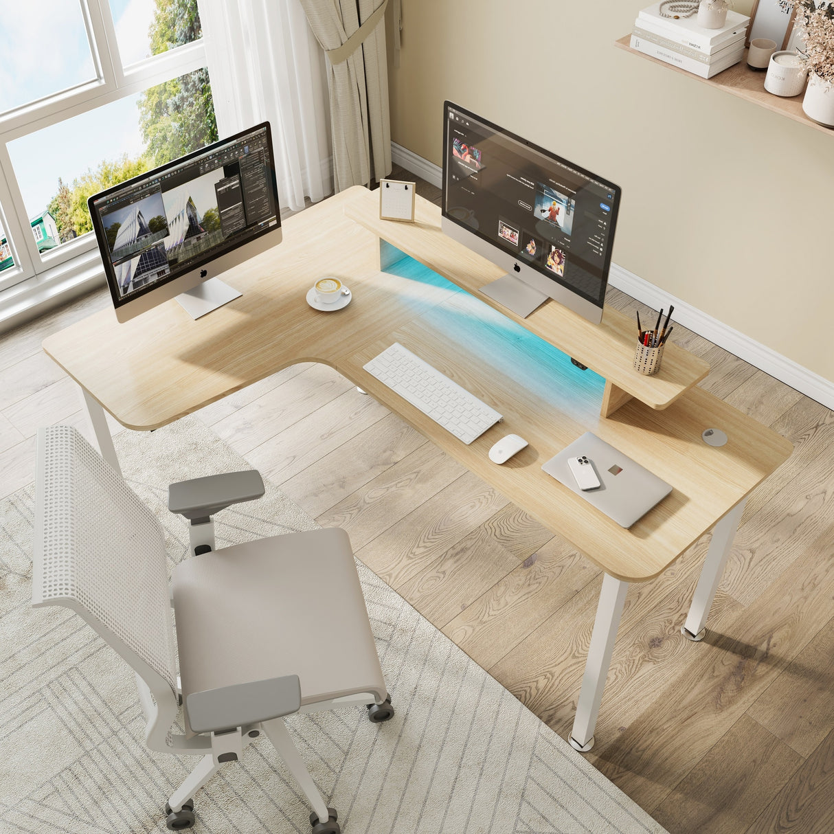 60 Inch Led L Shaped Desk Computer Corner Desk with Monitor Stand