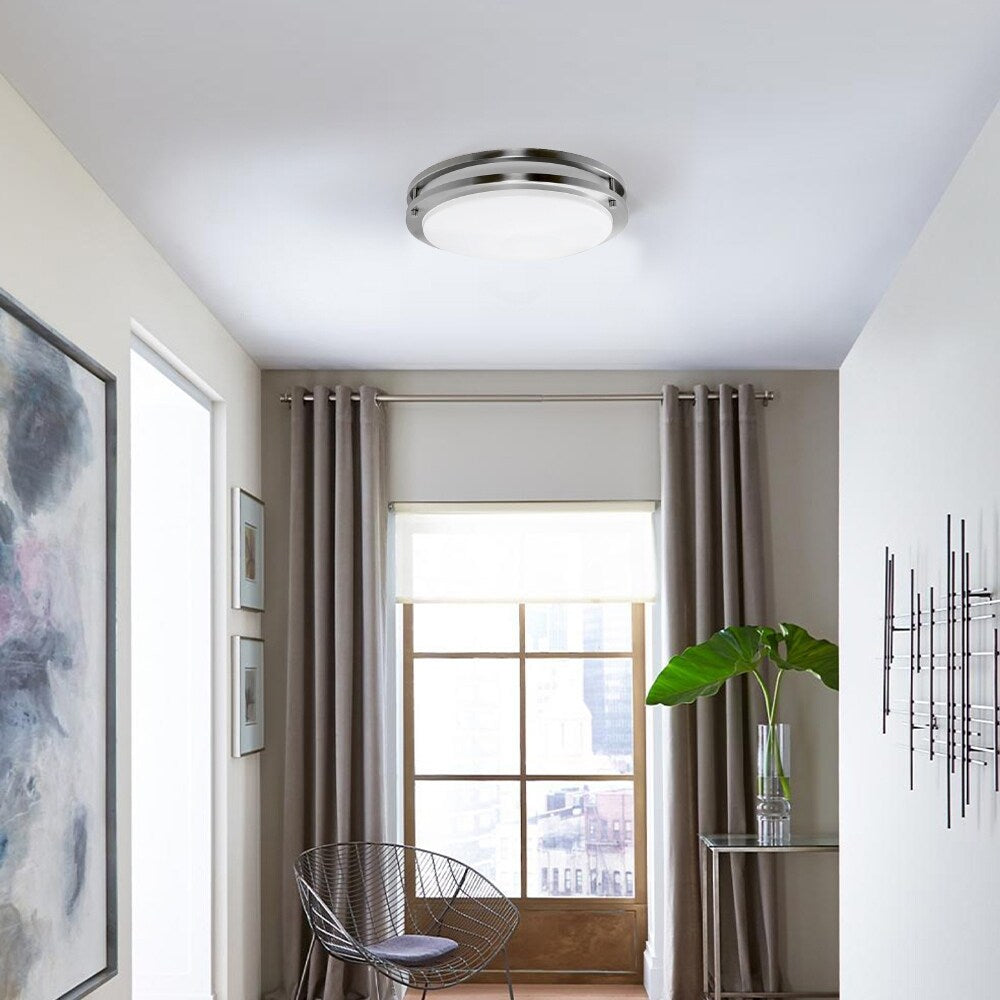 Euro' Satin Nickel Finish Steel Flush Mount Fluorescent Ceiling Light Fixture with Decorative Glass - Silver