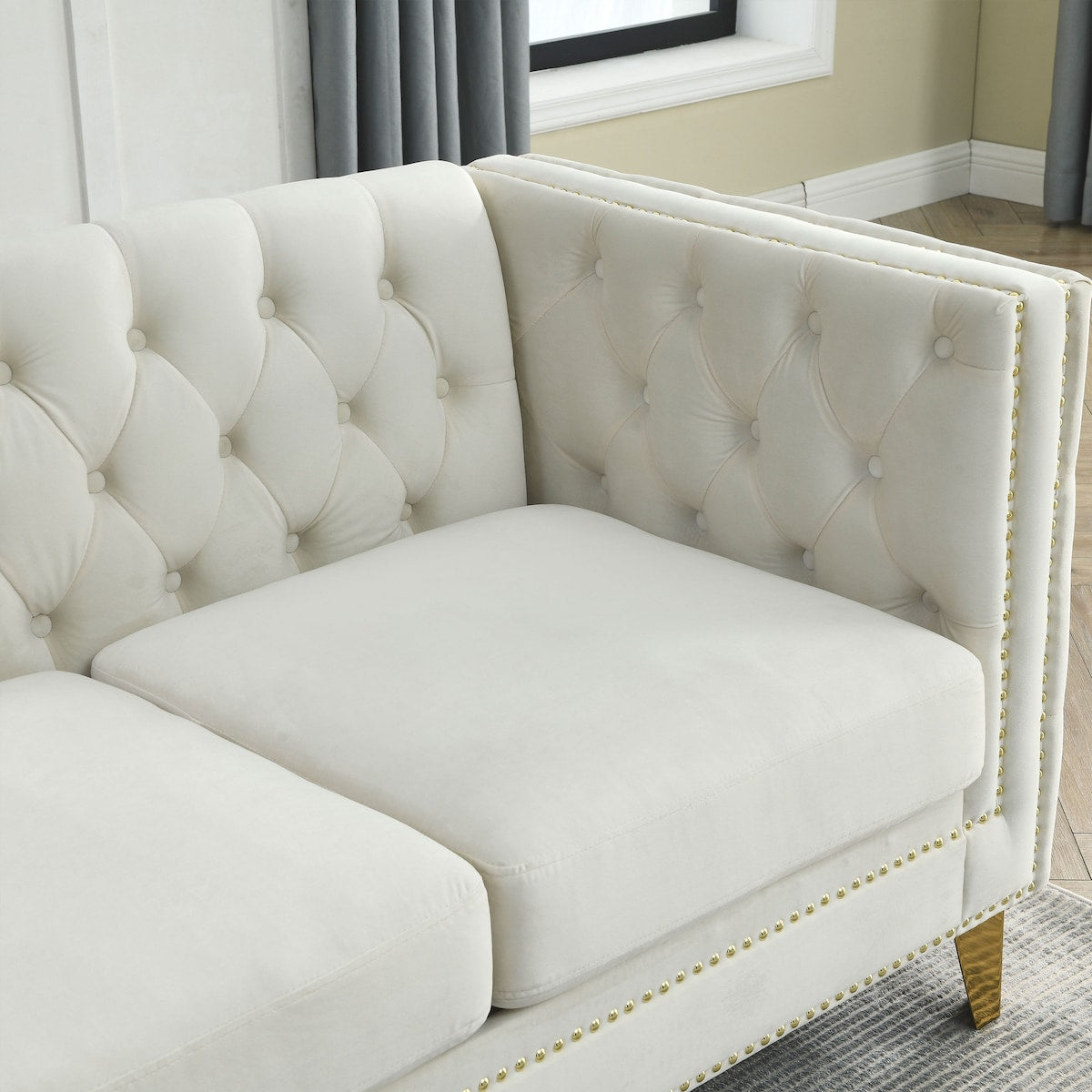 European Design Chesterfield Velvet Sofa L-Shaped Sectional Couch, 5-Seater Corner Sofas