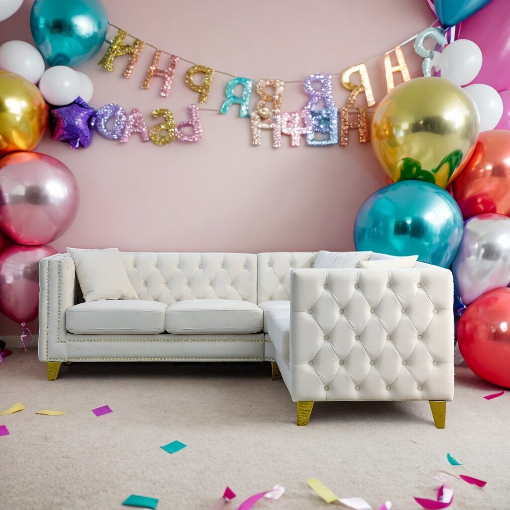 European Design Chesterfield Velvet Sofa L-Shaped Sectional Couch, 5-Seater Corner Sofas