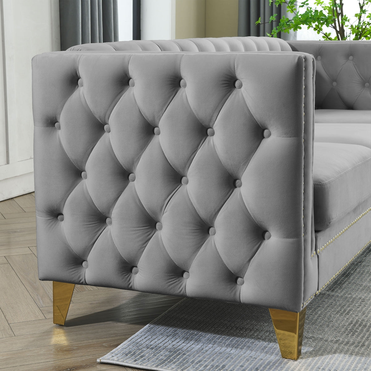 European Design Chesterfield Velvet Sofa L-Shaped Sectional Couch, 5-Seater Corner Sofas