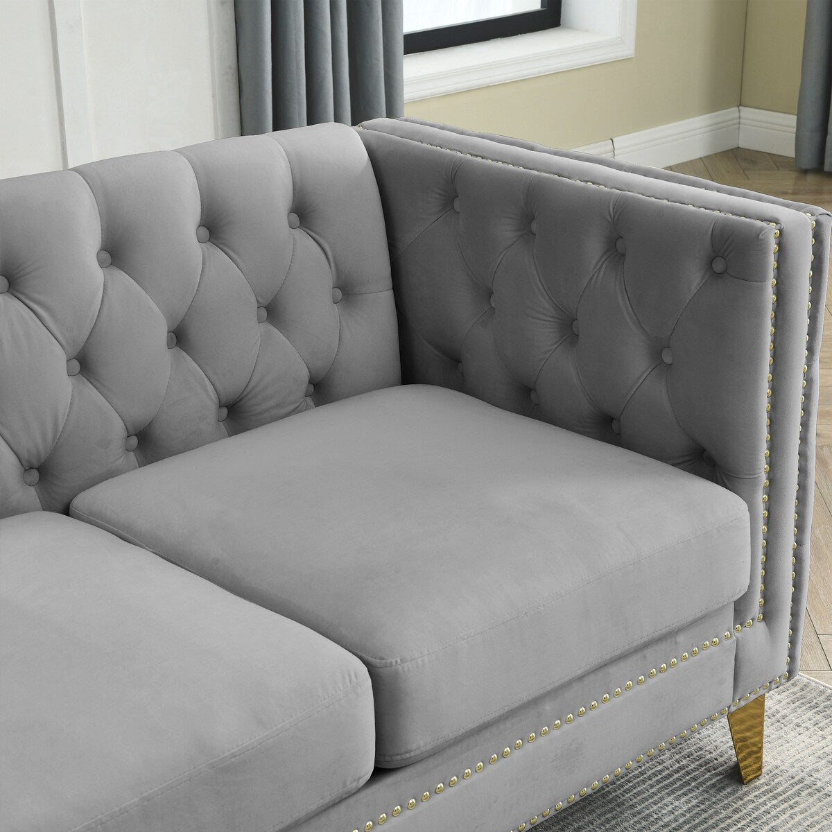 European Design Chesterfield Velvet Sofa L-Shaped Sectional Couch, 5-Seater Corner Sofas