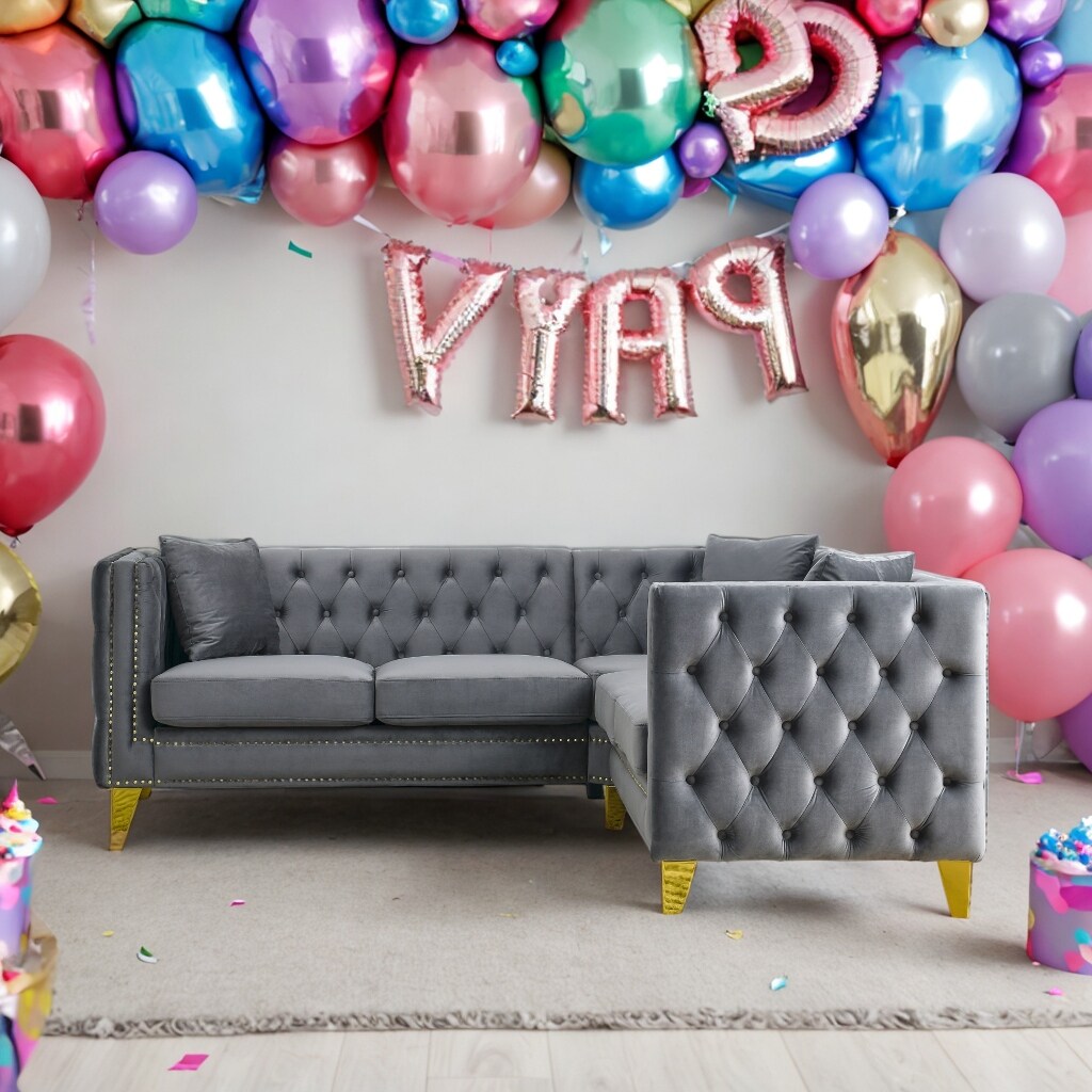 European Design Chesterfield Velvet Sofa L-Shaped Sectional Couch, 5-Seater Corner Sofas