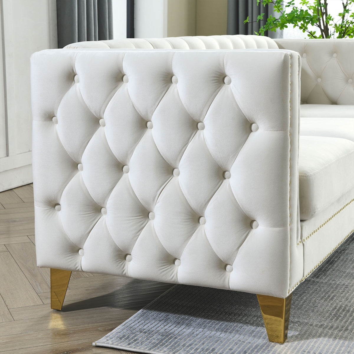European Design Chesterfield Velvet Sofa L-Shaped Sectional Couch, 5-Seater Corner Sofas
