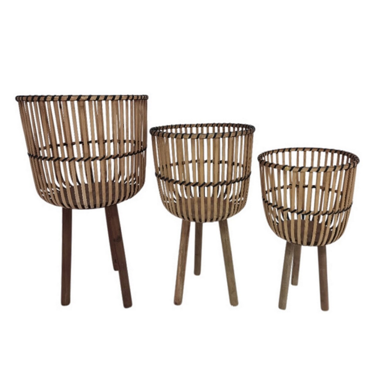 Evans Basket Design Bamboo Tripod Planters, Set of 3, Warm Brown Finish