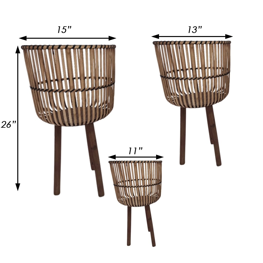 Evans Basket Design Bamboo Tripod Planters, Set of 3, Warm Brown Finish