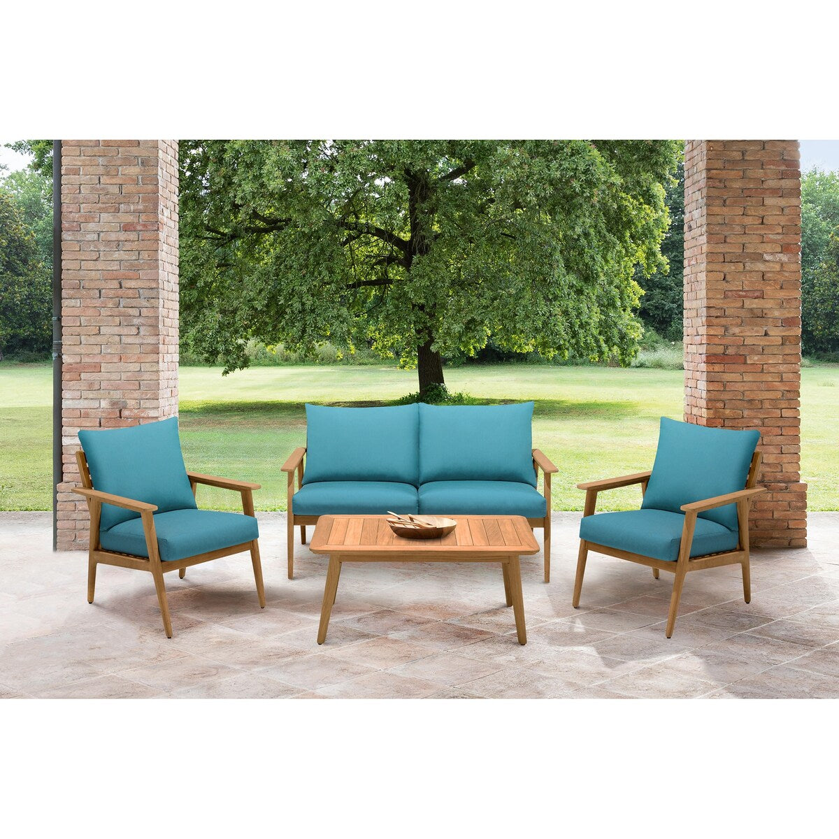 Eve Teal Olefin and Teak Wood Outdoor Patio Sofa Loveseat