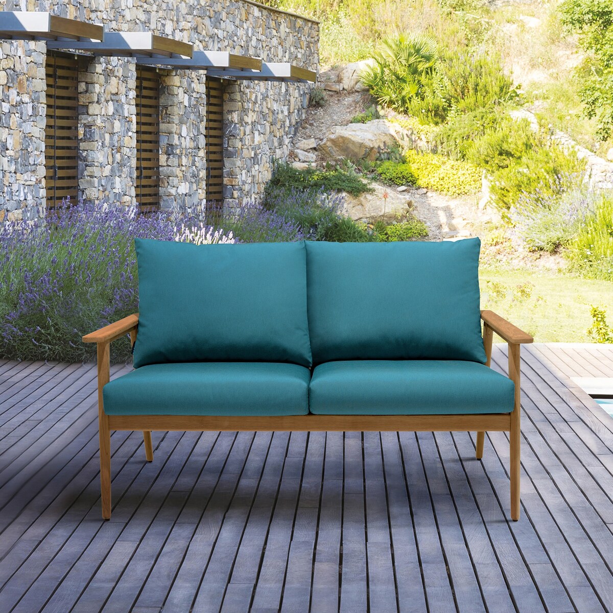 Eve Teal Olefin and Teak Wood Outdoor Patio Sofa Loveseat