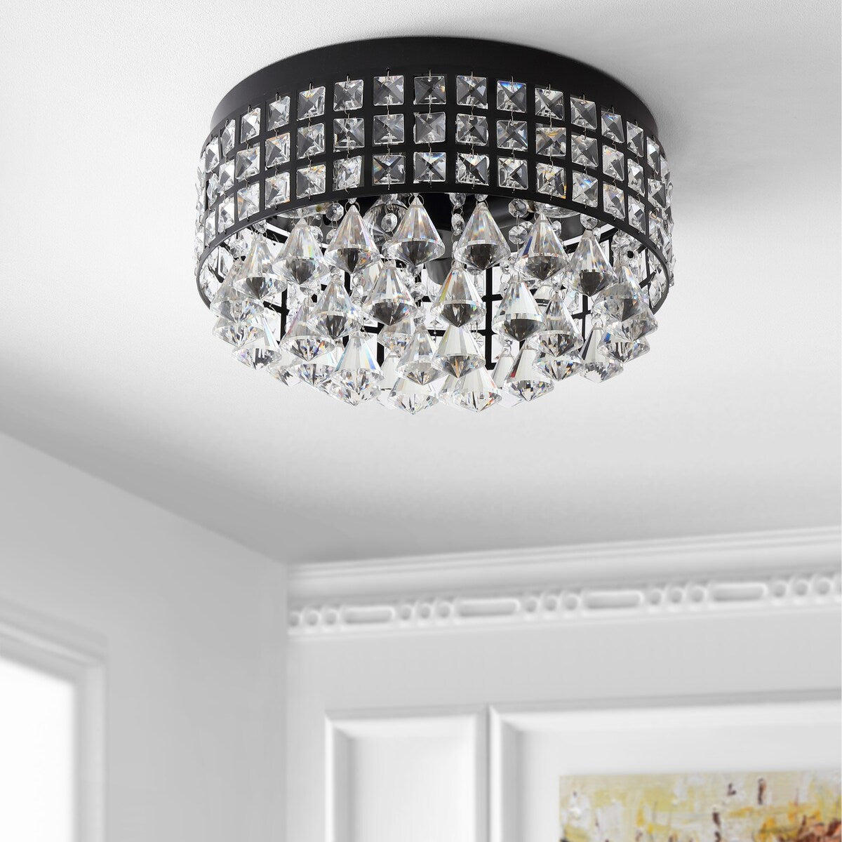 Evelyn 14.5" 3-Light Crystal Drops/Metal LED Flush Mount, Black by JONATHAN Y