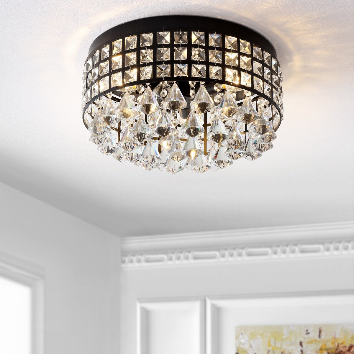 Evelyn 14.5" 3-Light Crystal Drops/Metal LED Flush Mount, Black by JONATHAN Y
