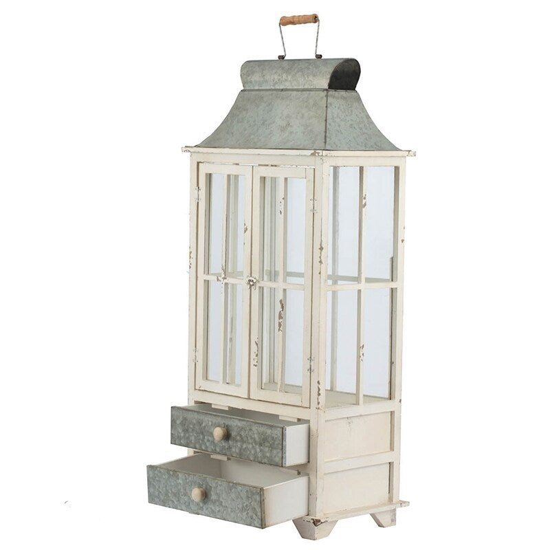 A&B Home Evelyn Silver and White Enclosed Lantern Set with Handle and Drawers (Set of 2)