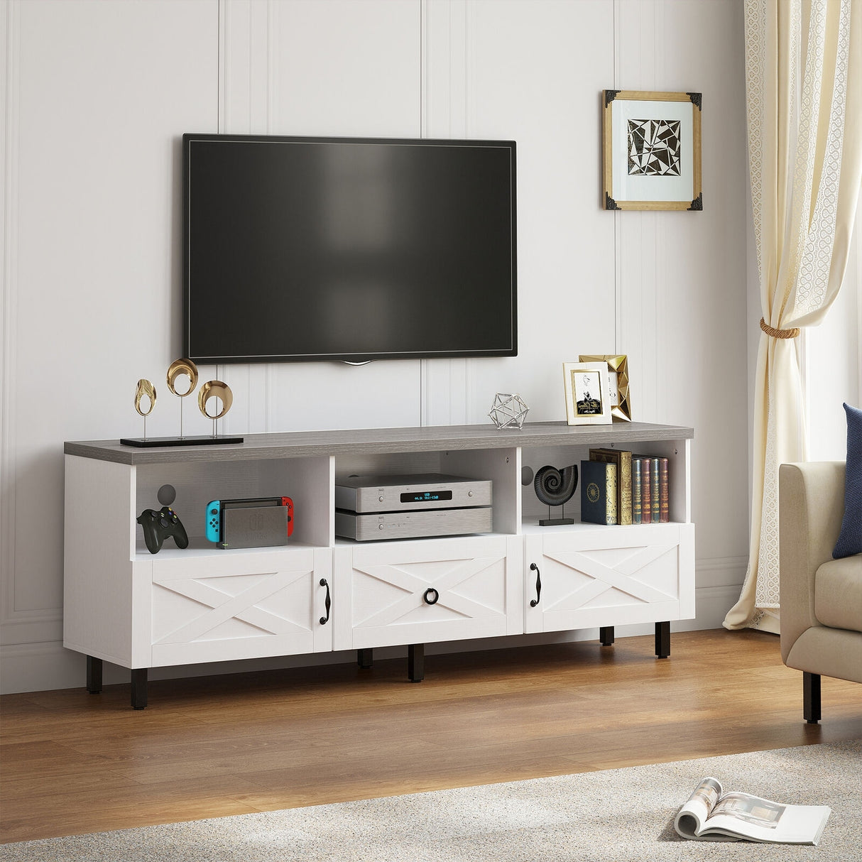 Evelynn Mid-Century Wood 65" TV Stand Console with Storage Cabinet