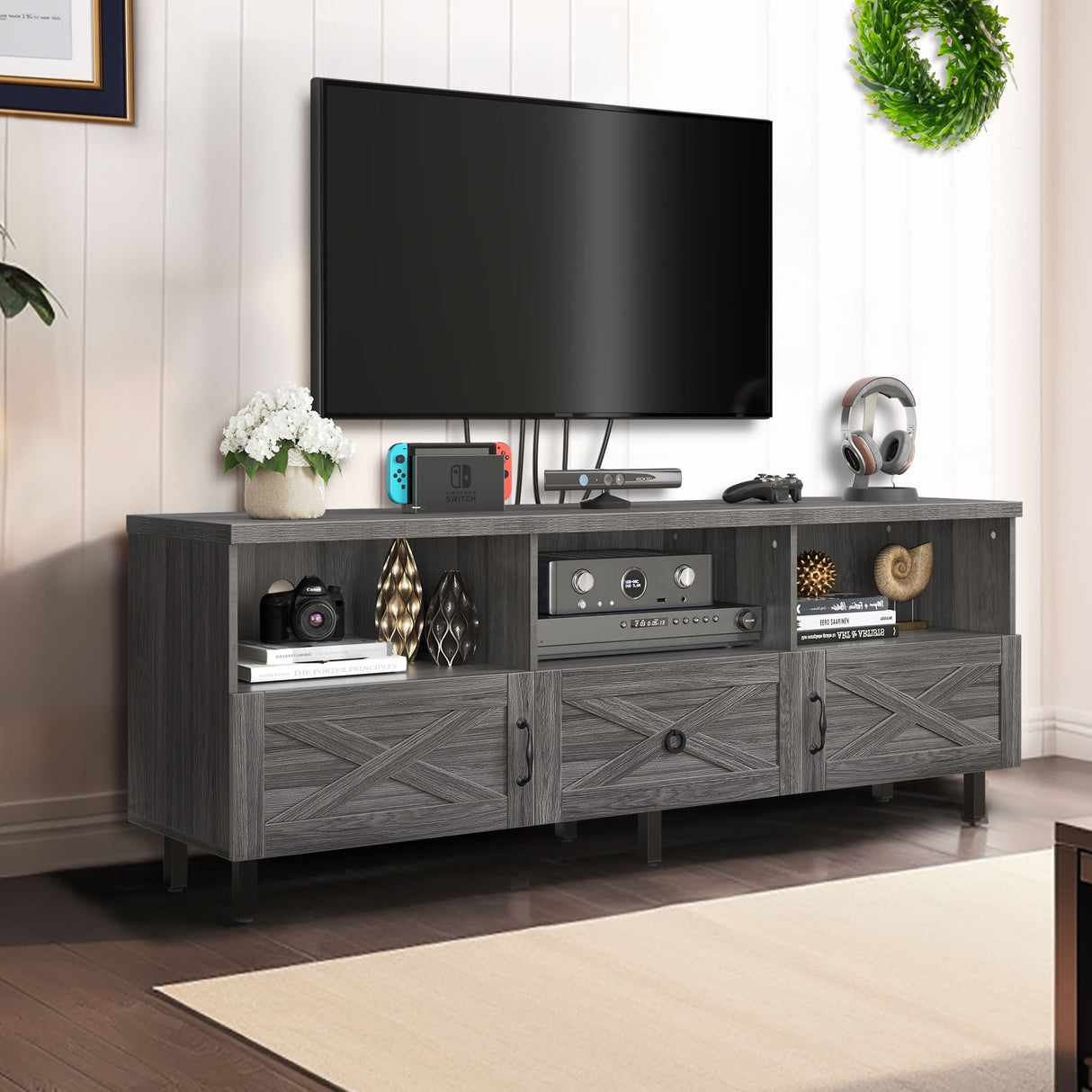 Evelynn Mid-Century Wood 65" TV Stand Console with Storage Cabinet