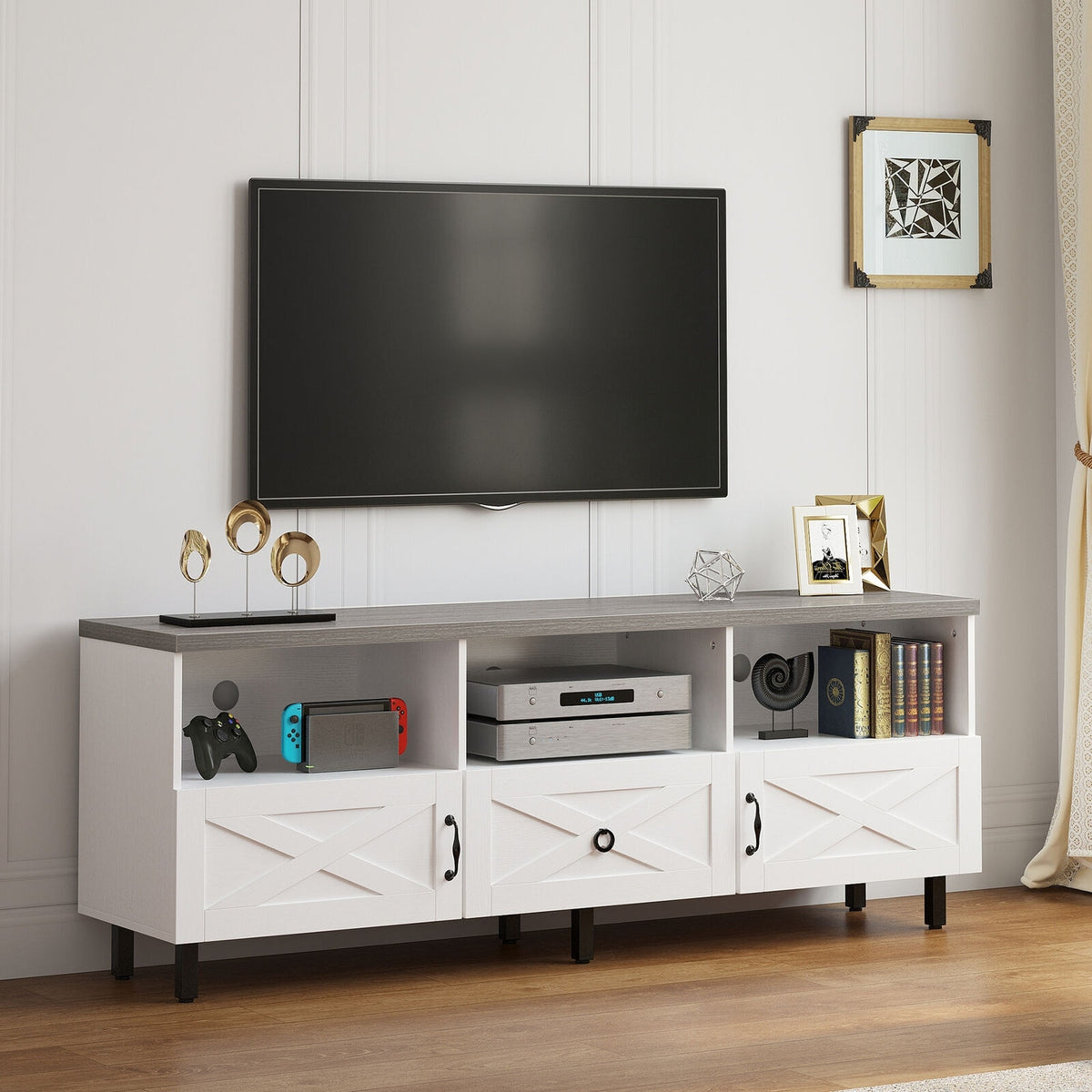 Evelynn Mid-Century Wood 65" TV Stand Console with Storage Cabinet