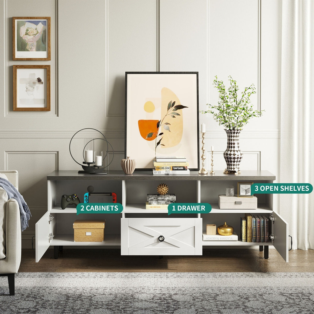 Evelynn Mid-Century Wood 65" TV Stand Console with Storage Cabinet