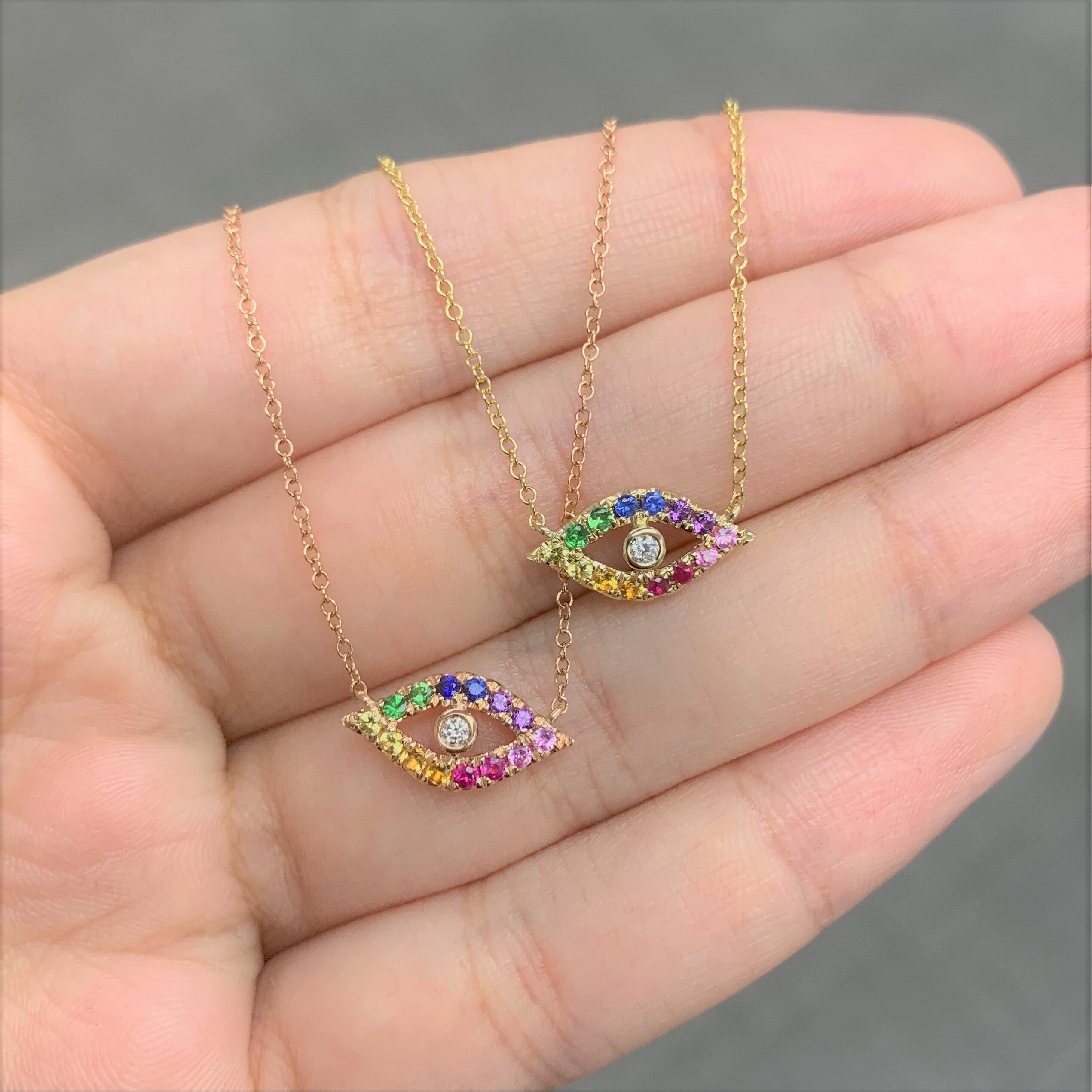 Joelle Evil Eye Necklace Rainbow Sapphire 14k Yellow Gold