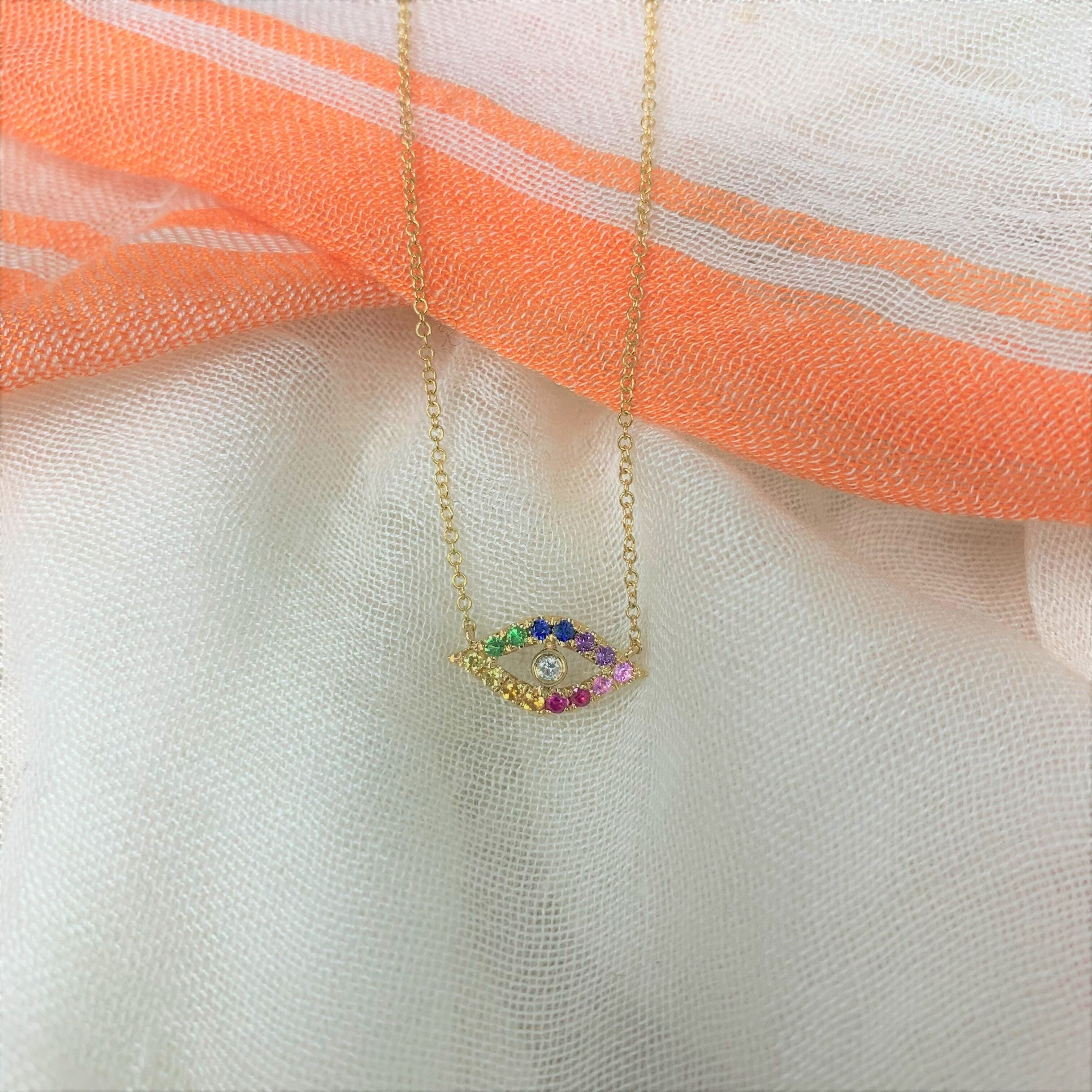 Joelle Evil Eye Necklace Rainbow Sapphire 14k Yellow Gold