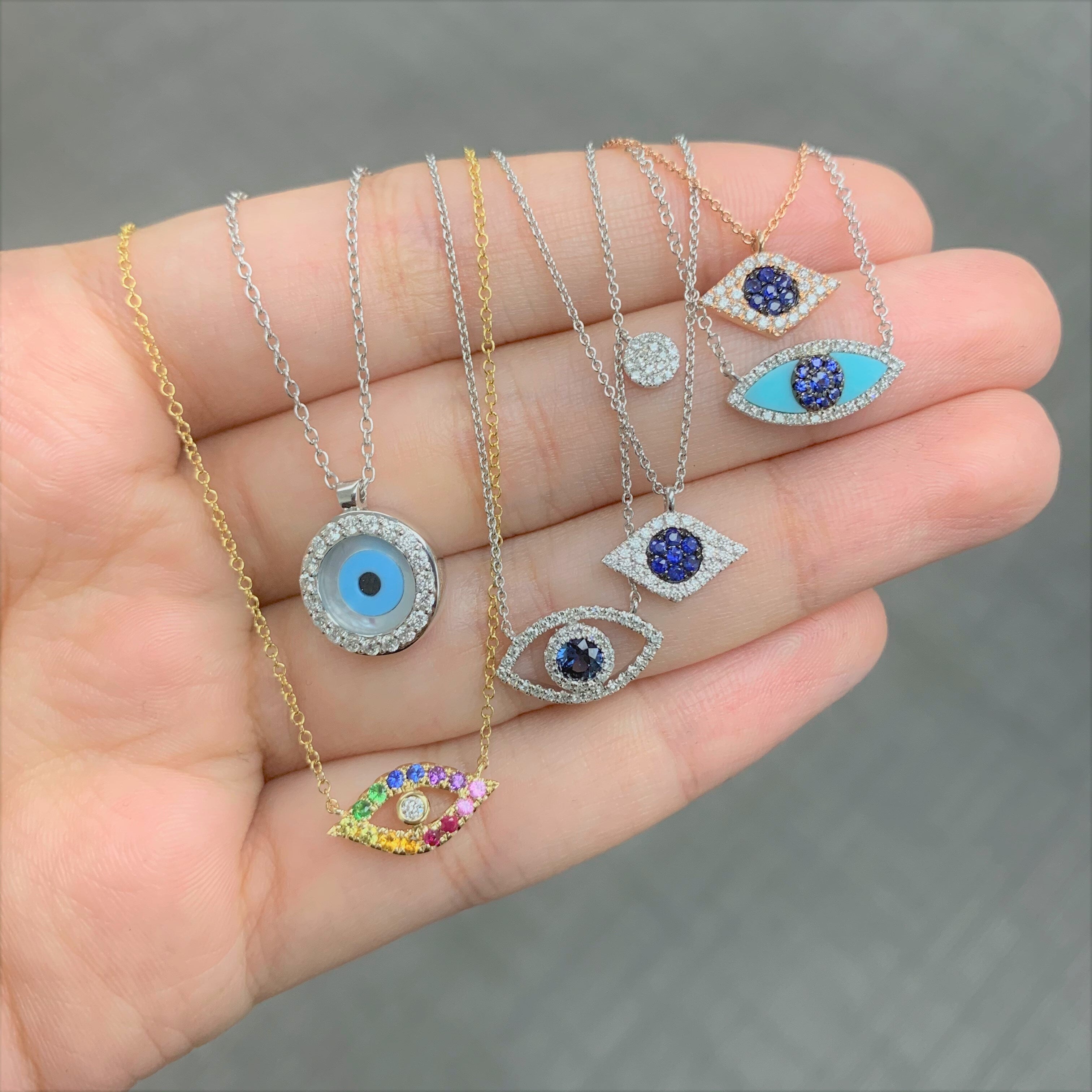 Joelle Evil Eye Necklace Rainbow Sapphire 14k Yellow Gold