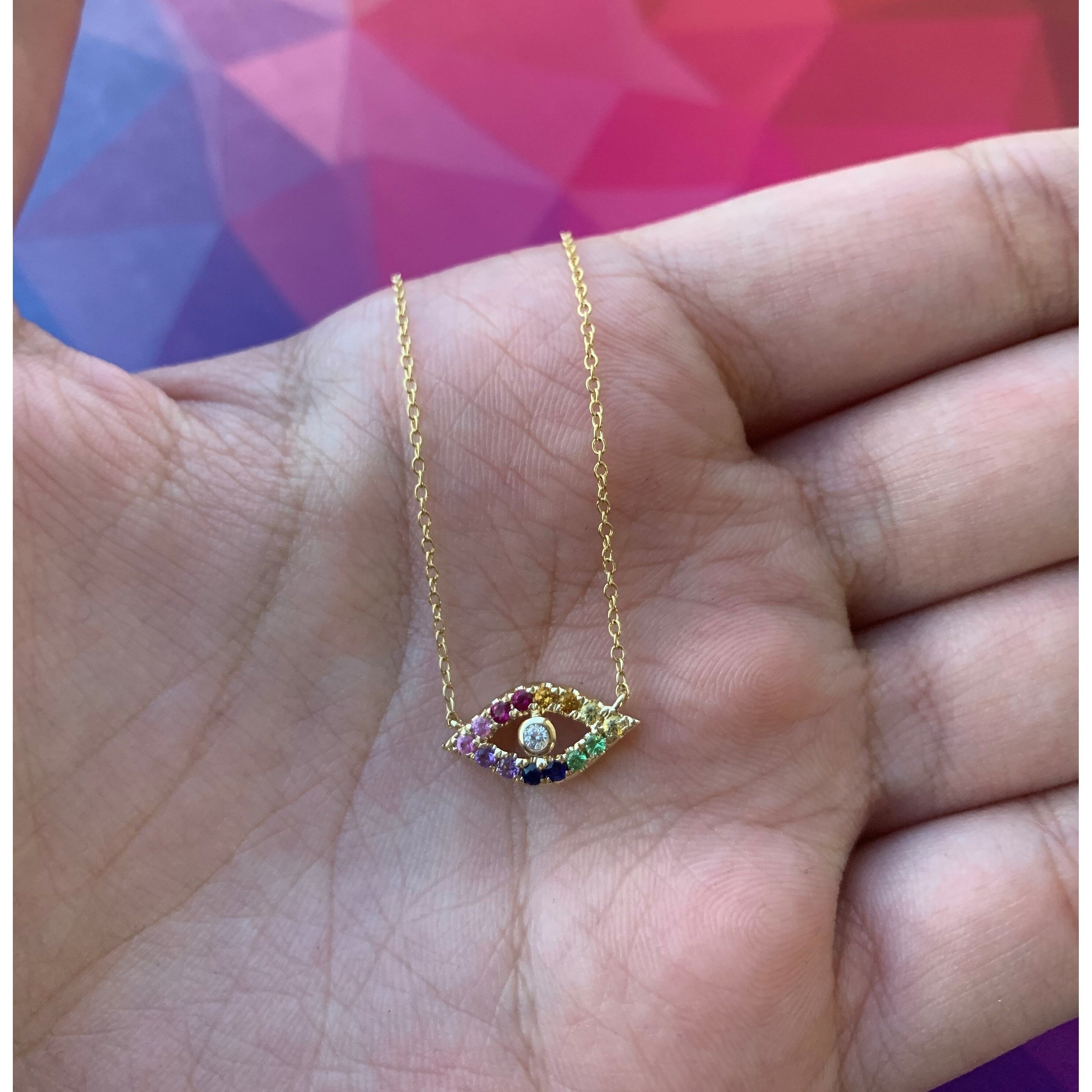 Joelle Evil Eye Necklace Rainbow Sapphire 14k Yellow Gold
