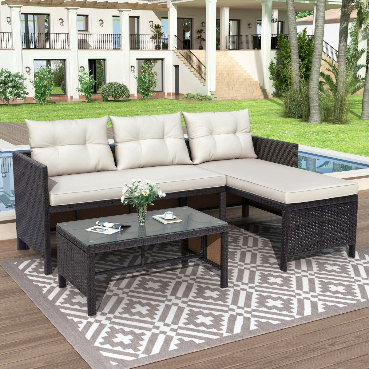 SuperBrite 3PCS Patio Wicker Furniture Set, All Weather Sectional Furniture Conversation Set with Cushions and Coffee Table
