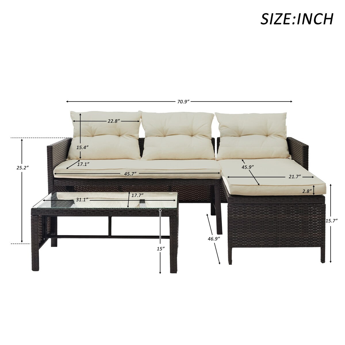 SuperBrite 3PCS Patio Wicker Furniture Set, All Weather Sectional Furniture Conversation Set with Cushions and Coffee Table