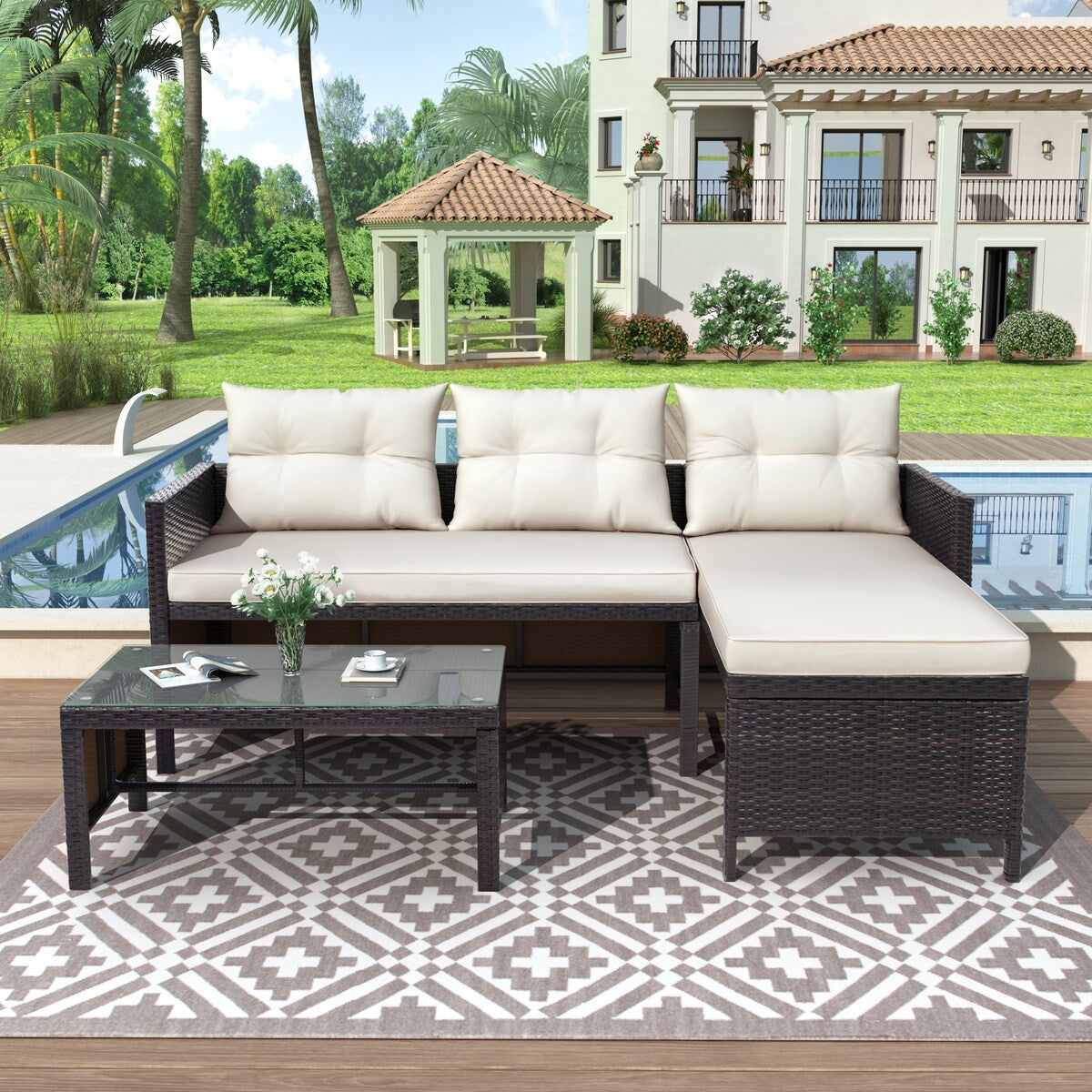 SuperBrite 3PCS Patio Wicker Furniture Set, All Weather Sectional Furniture Conversation Set with Cushions and Coffee Table