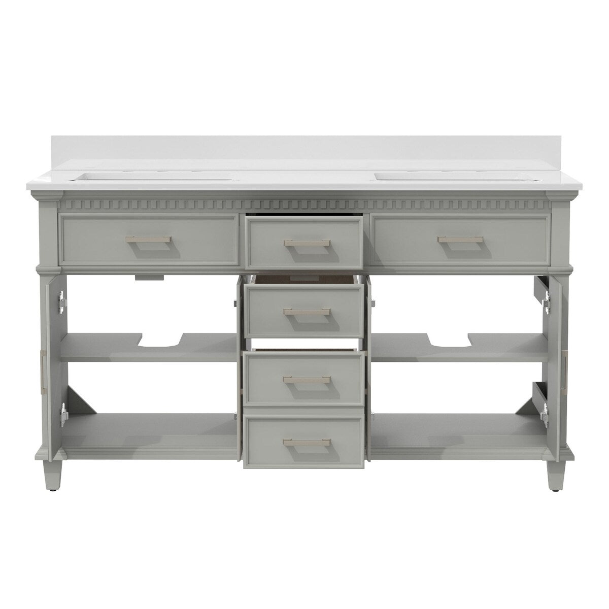 ExBrite 60 Inches Grey Bathroom Vanities With Solid Wood Lockers,Marble Countertop and White Ceramic Sink