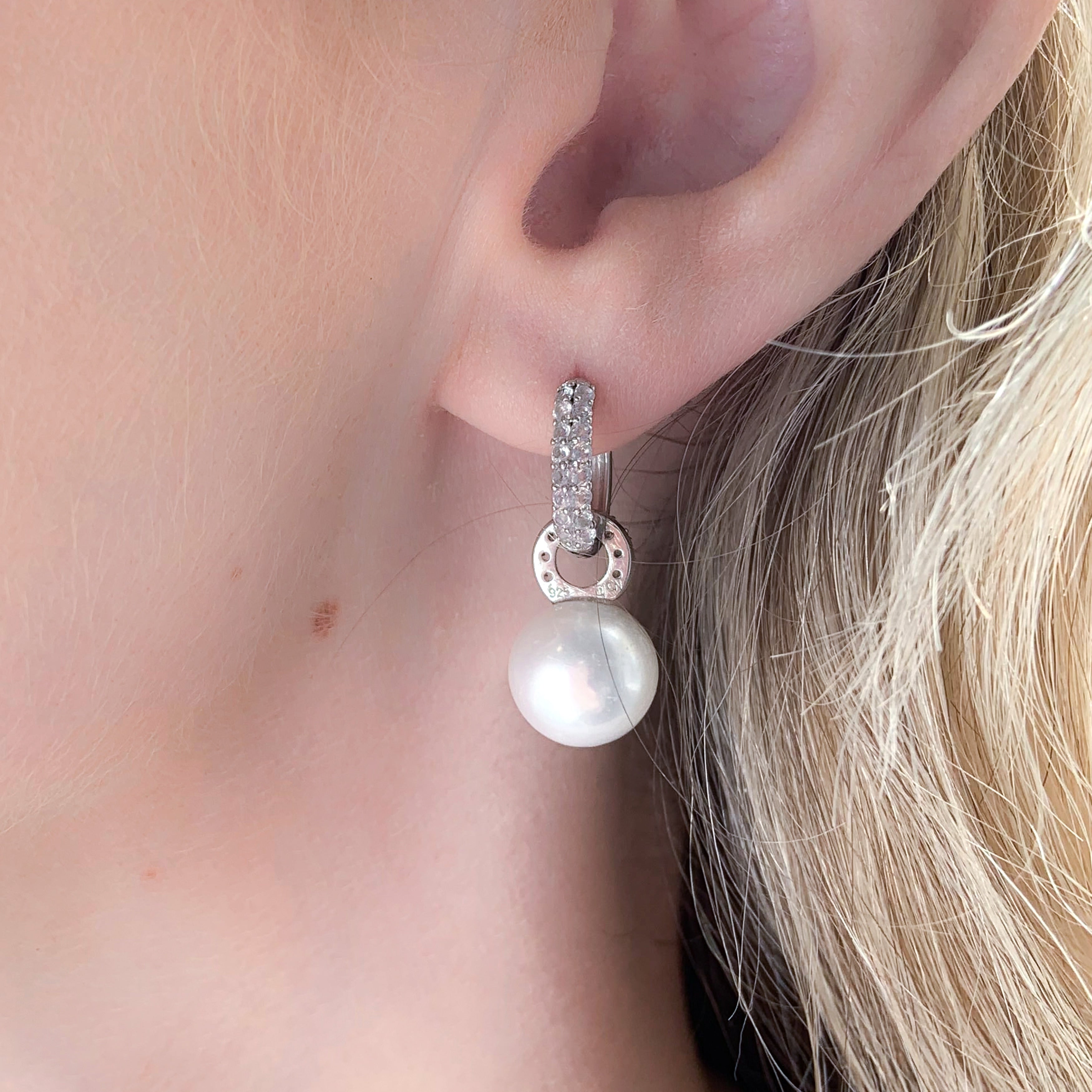 11-12 MM Cultured Freshwater Pearl and White Topaz Hoop Drop Earrings in Sterling Silver by Miadora