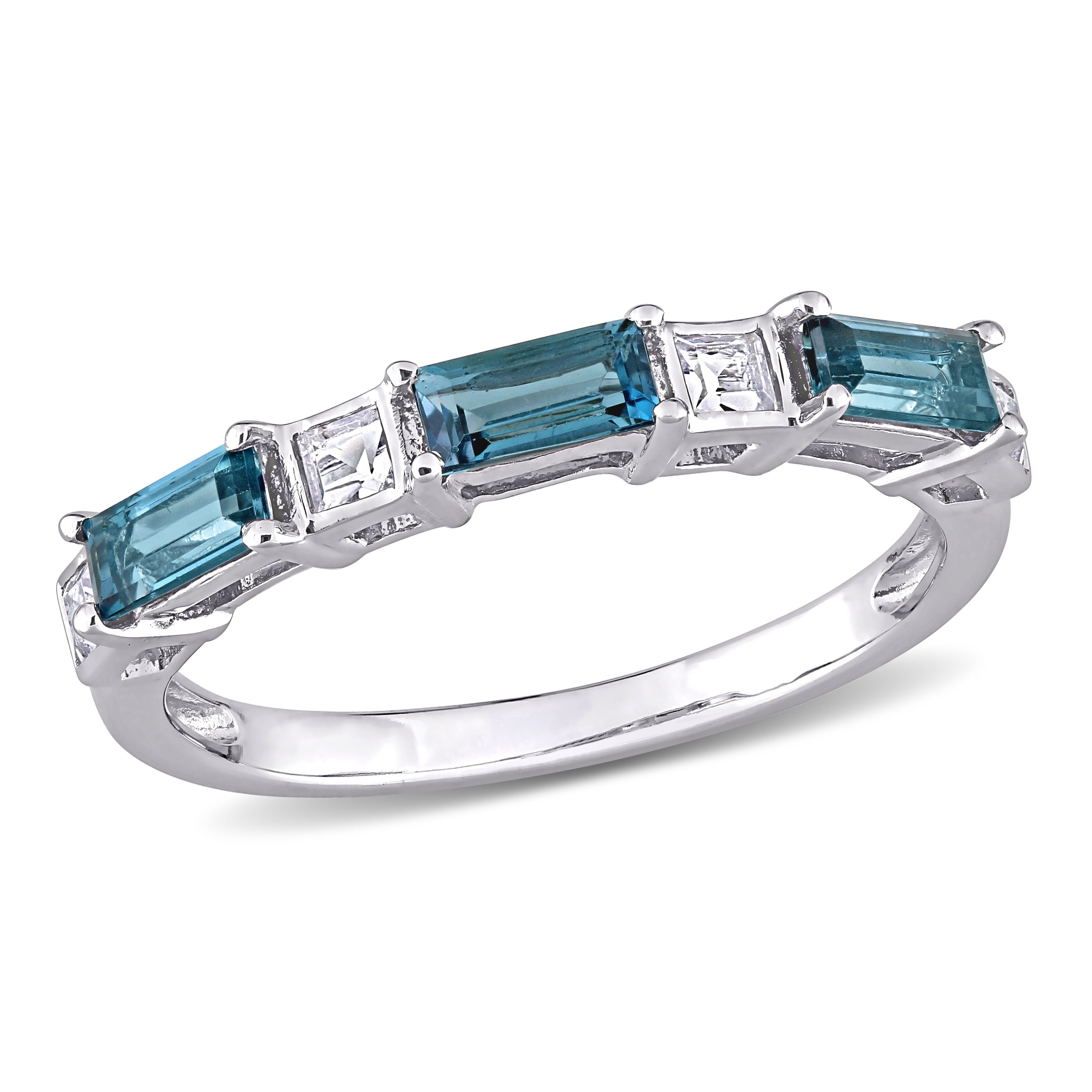 Baguette London-Blue Topaz & White Topaz Stackable Eternity Wedding Band Ring in 10k White Gold by Miadora
