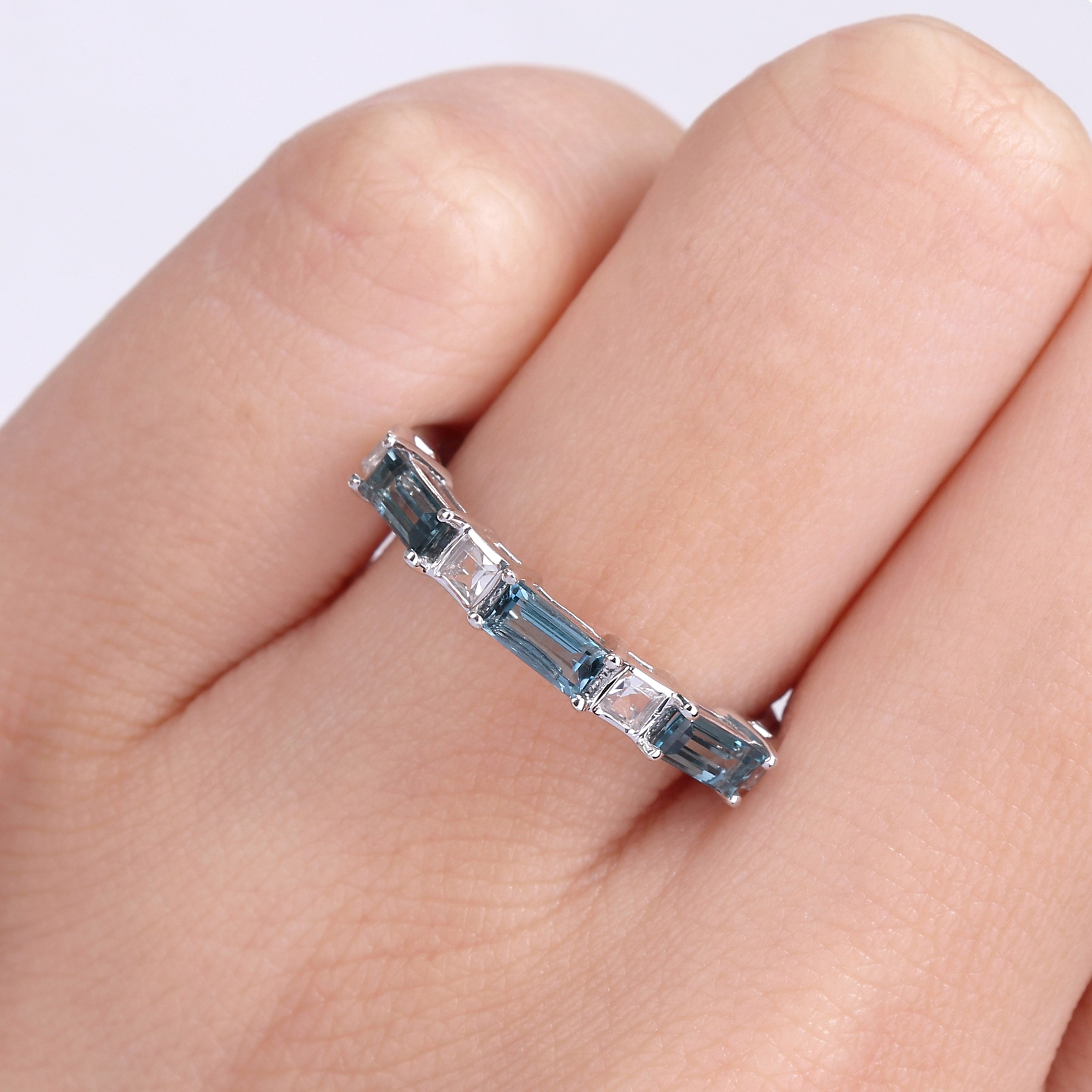 Baguette London-Blue Topaz & White Topaz Stackable Eternity Wedding Band Ring in 10k White Gold by Miadora