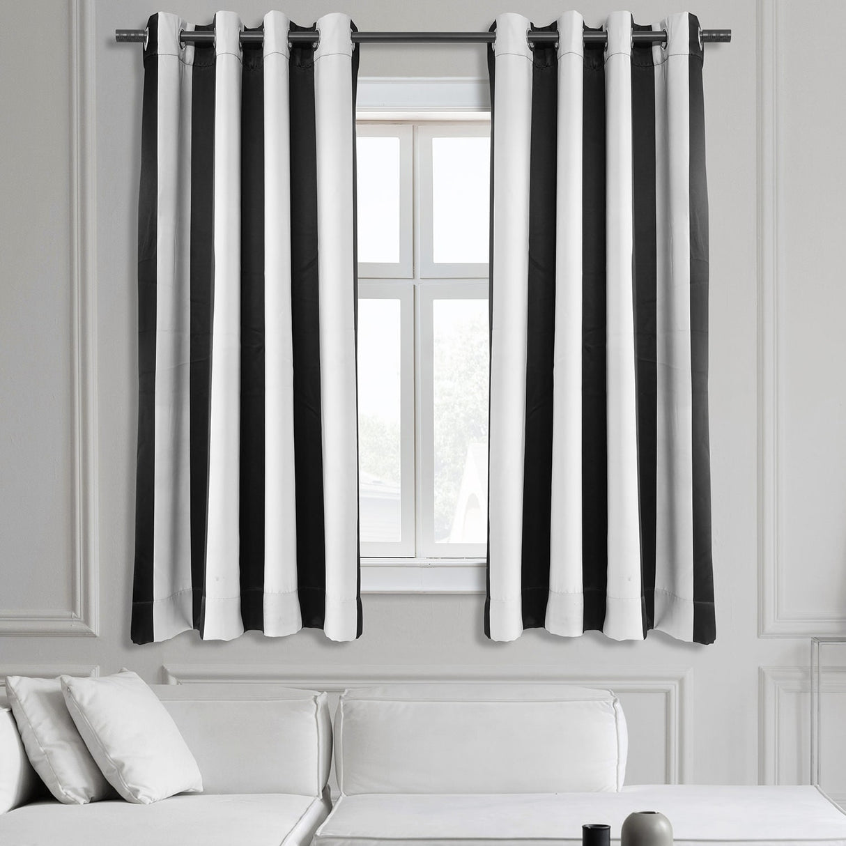Exclusive Fabrics Awning Black & Fog White 63" Grommet Room Darkening Curtain Panel Pair (2 Panels) - 50 x 63
