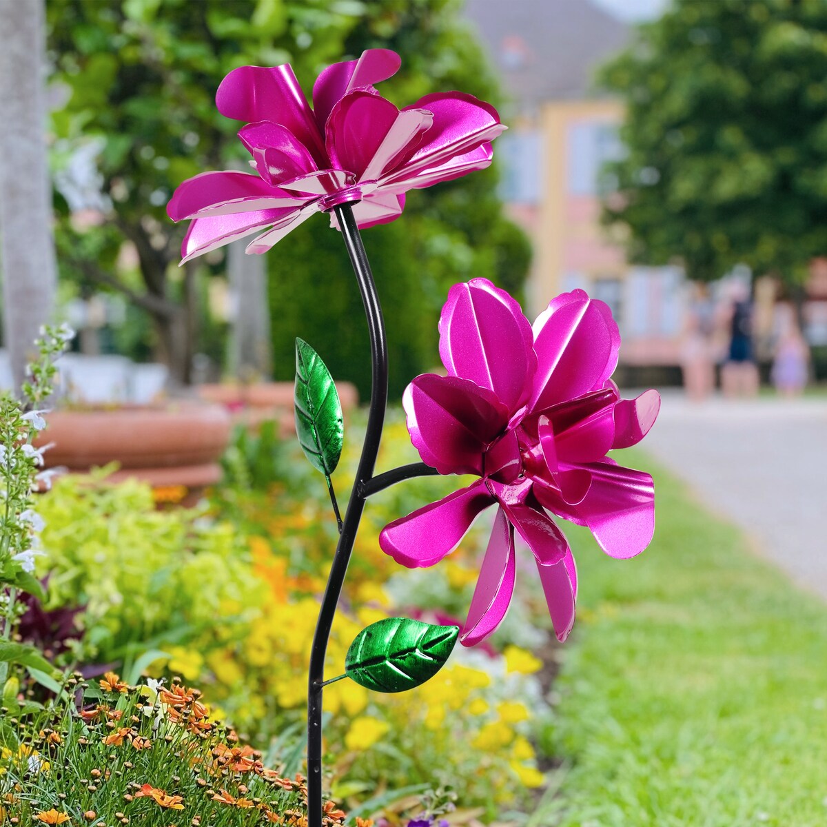 Exhart Double Rose Wind Spinner Garden Stake Hand Painted in Metallic Pink, 12 by 39 Inches