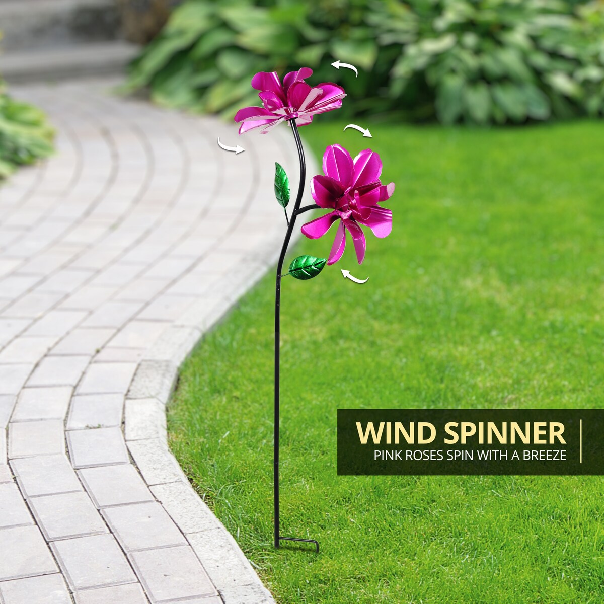 Exhart Double Rose Wind Spinner Garden Stake Hand Painted in Metallic Pink, 12 by 39 Inches