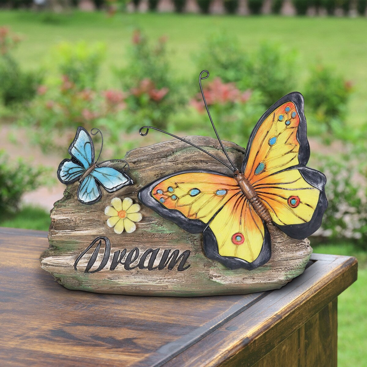 Exhart Dream Yellow and Blue Butterflies Hand Painted Garden Statuary, 11 by 8 Inch