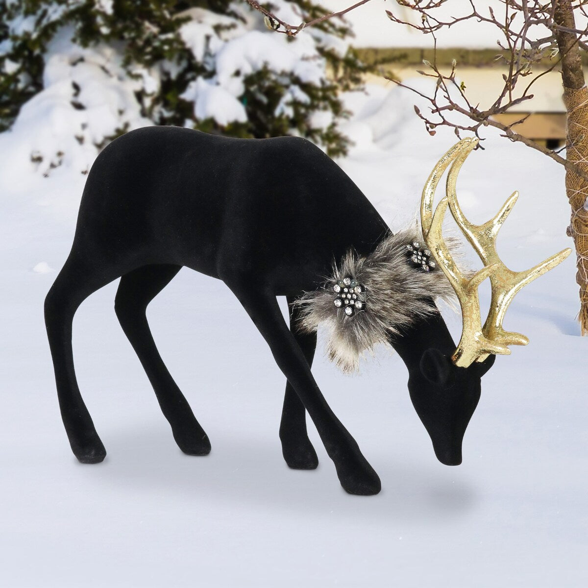 Exhart Holiday Black Velvet Grazing Reindeer Statue, 11.5 Inches