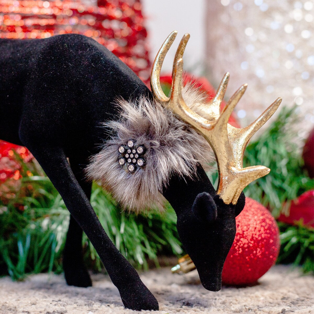 Exhart Holiday Black Velvet Grazing Reindeer Statue, 11.5 Inches