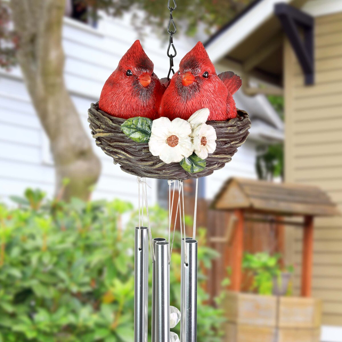 Exhart Nesting Cardinals with Flowers Hand Painted Resin Hanging Wind Chime, 6 by 28 Inches