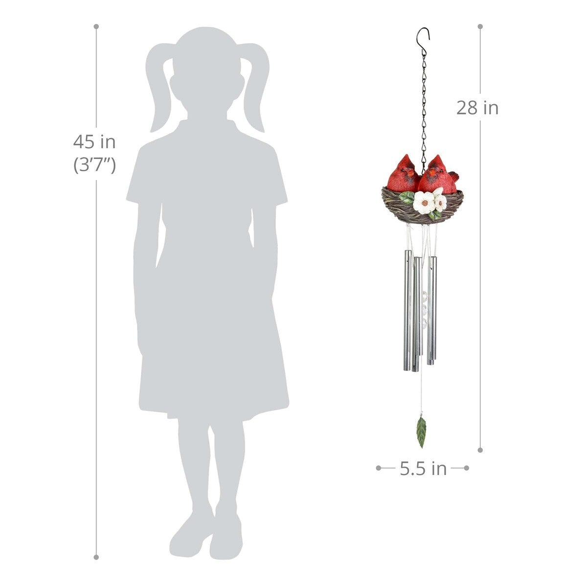Exhart Nesting Cardinals with Flowers Hand Painted Resin Hanging Wind Chime, 6 by 28 Inches