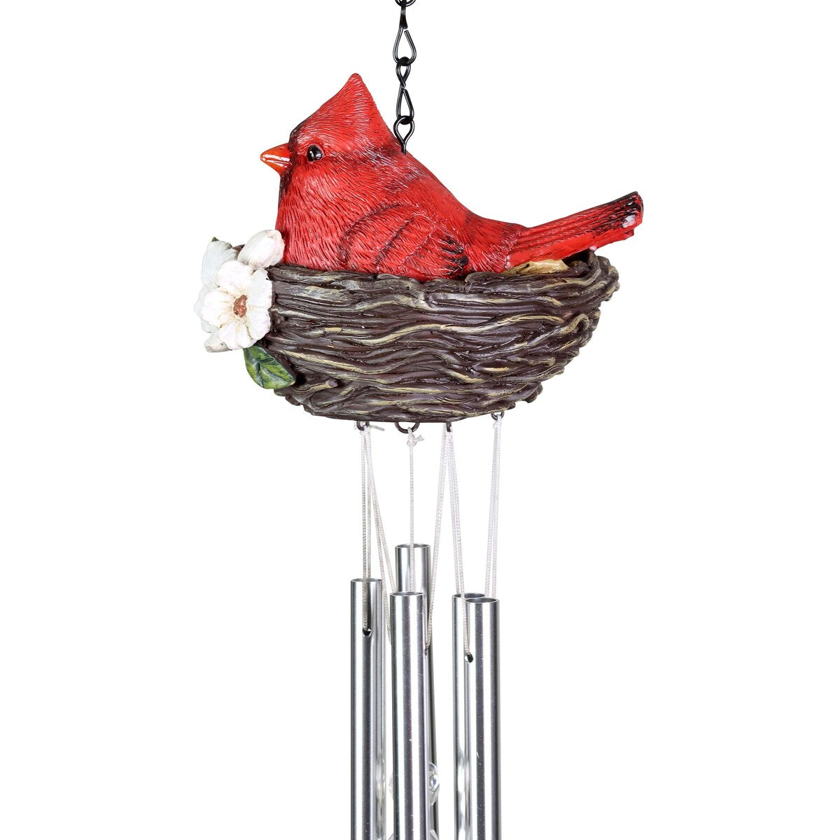 Exhart Nesting Cardinals with Flowers Hand Painted Resin Hanging Wind Chime, 6 by 28 Inches