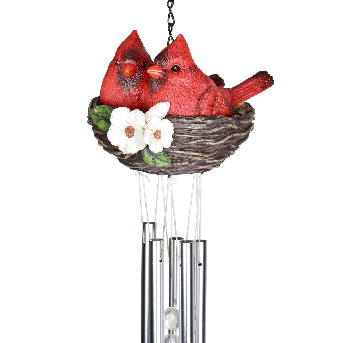 Exhart Nesting Cardinals with Flowers Hand Painted Resin Hanging Wind Chime, 6 by 28 Inches