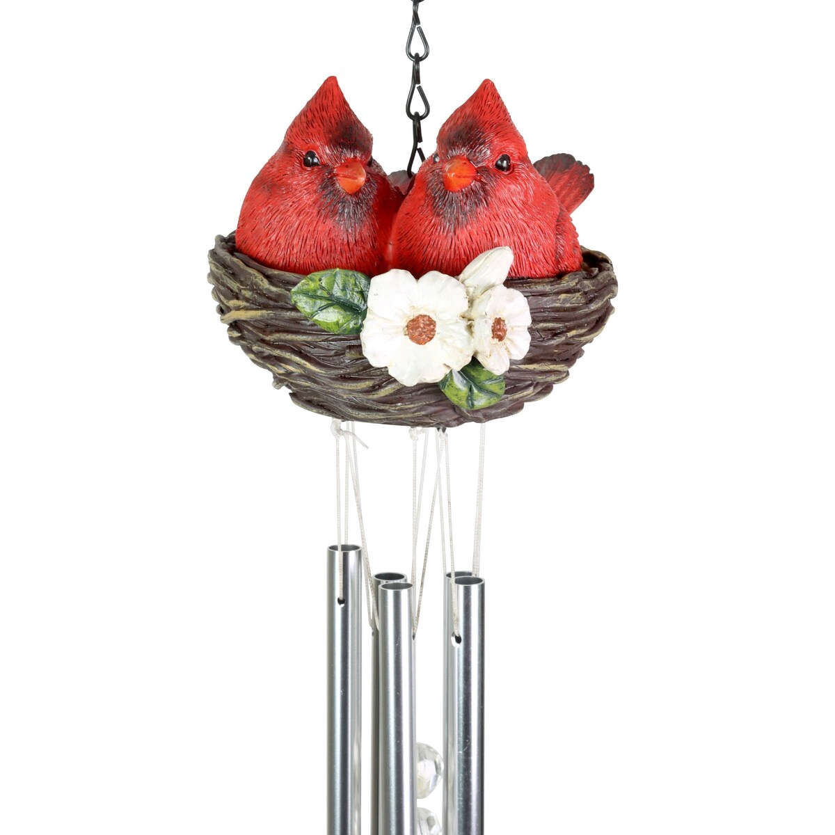 Exhart Nesting Cardinals with Flowers Hand Painted Resin Hanging Wind Chime, 6 by 28 Inches