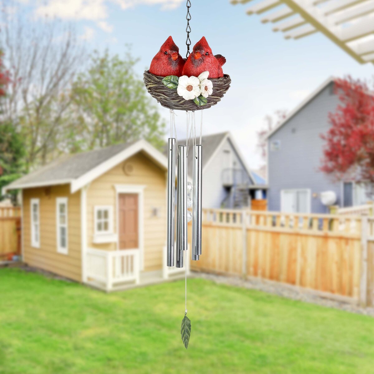 Exhart Nesting Cardinals with Flowers Hand Painted Resin Hanging Wind Chime, 6 by 28 Inches