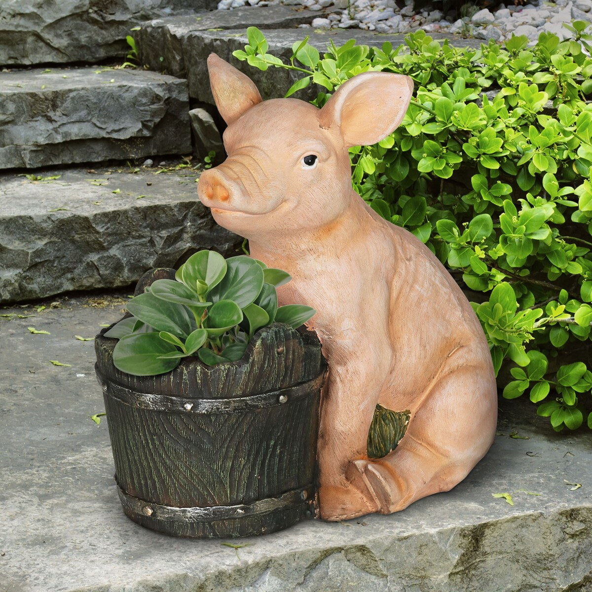Exhart Pig and Bucket Planter, 14 Inch